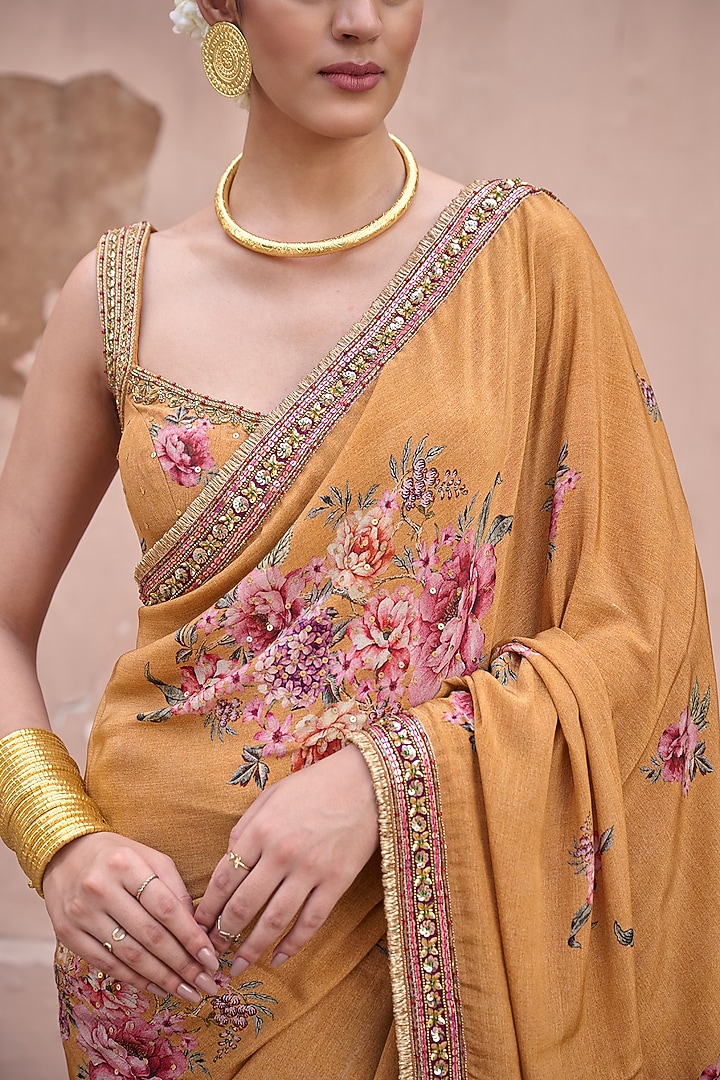 Mustard Crepe Printed & Hand Embroidered Wedding Saree Set by Irrau by Samir Mantri at Pernia's Pop Up Shop