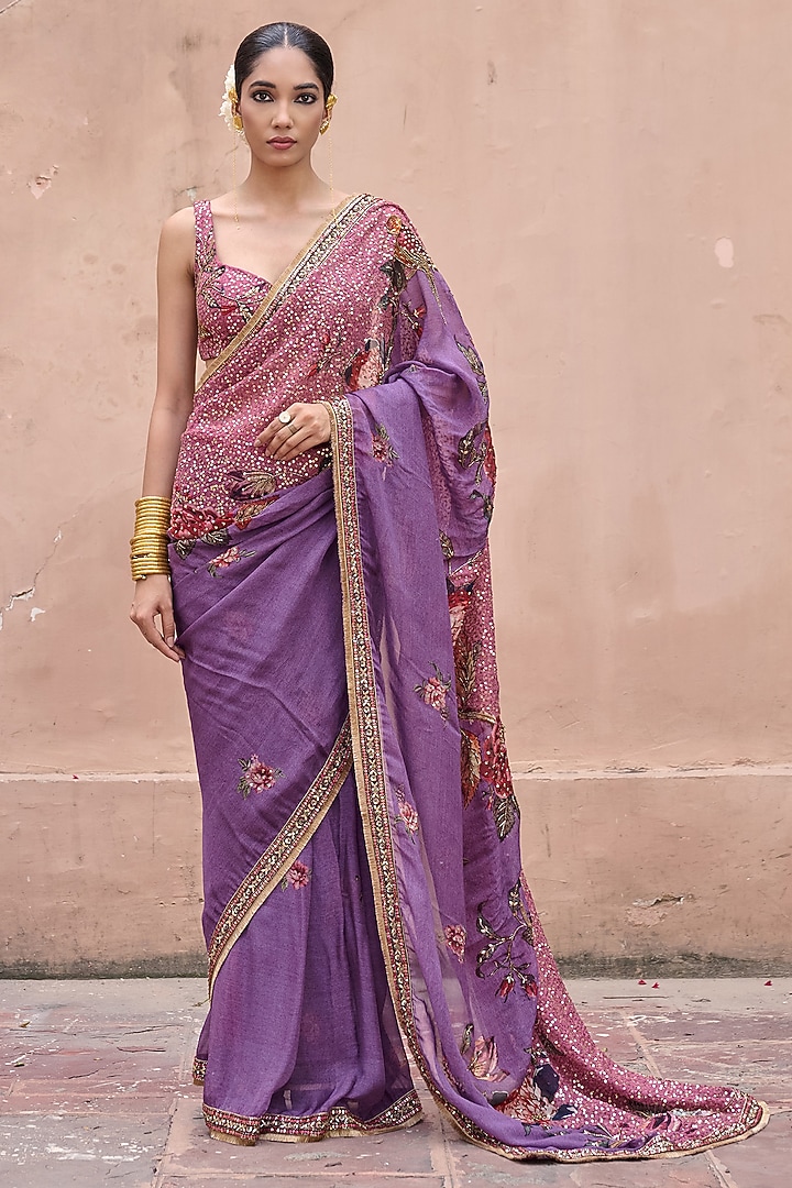 Lilac Organza Hand Embroidered Wedding Saree Set by Irrau by Samir Mantri at Pernia's Pop Up Shop
