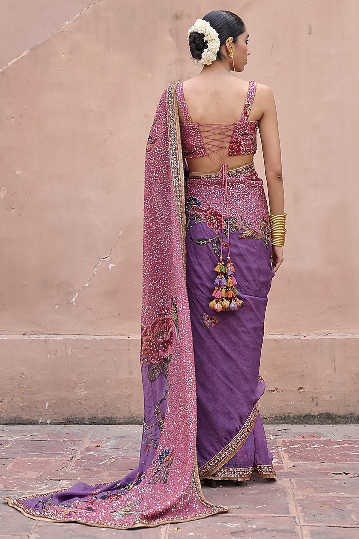 Lilac Organza Hand Embroidered Wedding Saree Set by Irrau by Samir Mantri at Pernia's Pop Up Shop