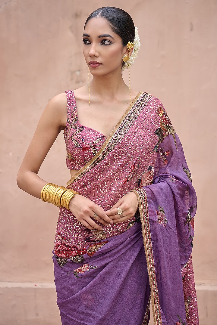 Lilac Organza Hand Embroidered Wedding Saree Set by Irrau by Samir Mantri at Pernia's Pop Up Shop