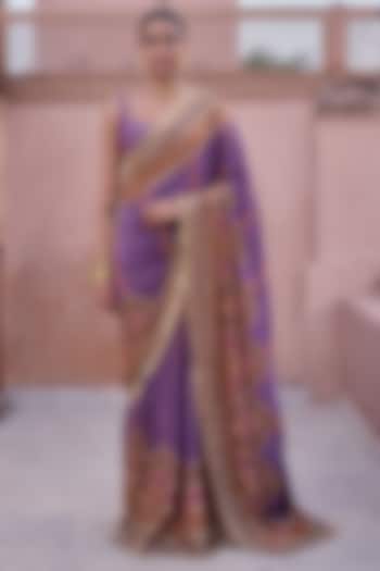 Lilac Crepe Hand Embroidered & Chevron Printed Wedding Saree Set by Irrau by Samir Mantri at Pernia's Pop Up Shop