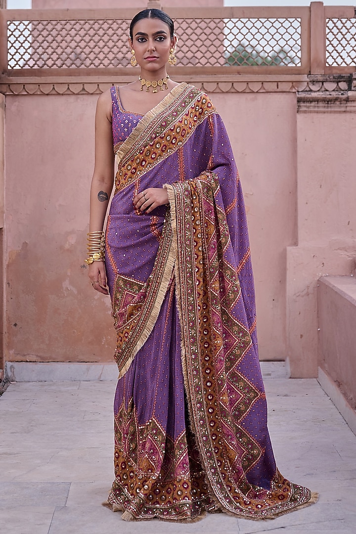 Lilac Crepe Hand Embroidered & Chevron Printed Wedding Saree Set by Irrau by Samir Mantri at Pernia's Pop Up Shop