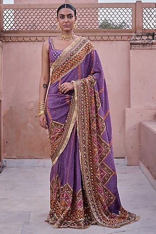Lilac Crepe Hand Embroidered & Chevron Printed Saree Set by Irrau by Samir Mantri