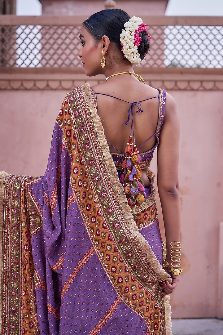 Lilac Crepe Hand Embroidered & Chevron Printed Wedding Saree Set by Irrau by Samir Mantri at Pernia's Pop Up Shop
