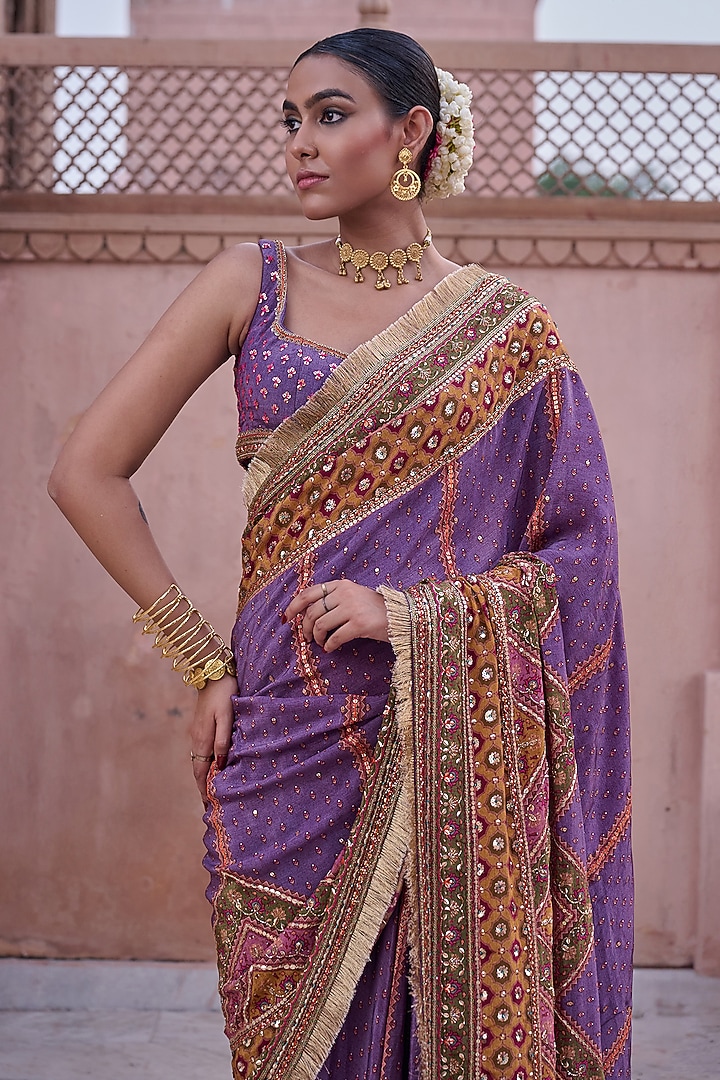 Lilac Crepe Hand Embroidered & Chevron Printed Wedding Saree Set by Irrau by Samir Mantri at Pernia's Pop Up Shop