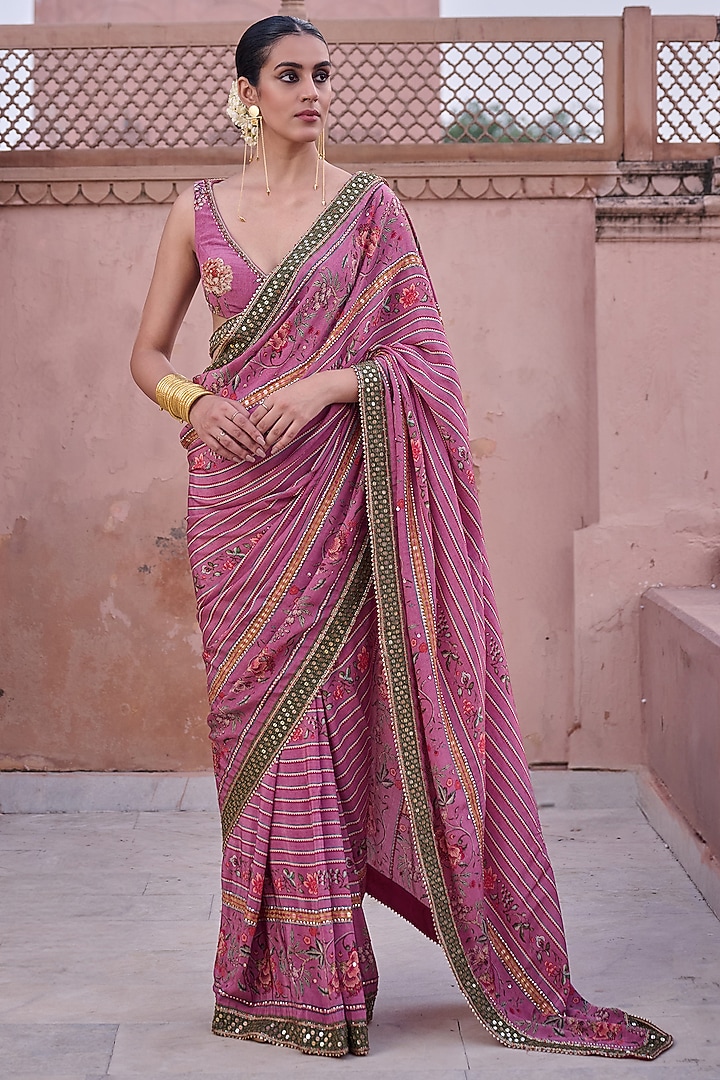 Dusty Rose Crepe Hand Embroidered & Floral Printed Wedding Saree Set by Irrau by Samir Mantri at Pernia's Pop Up Shop