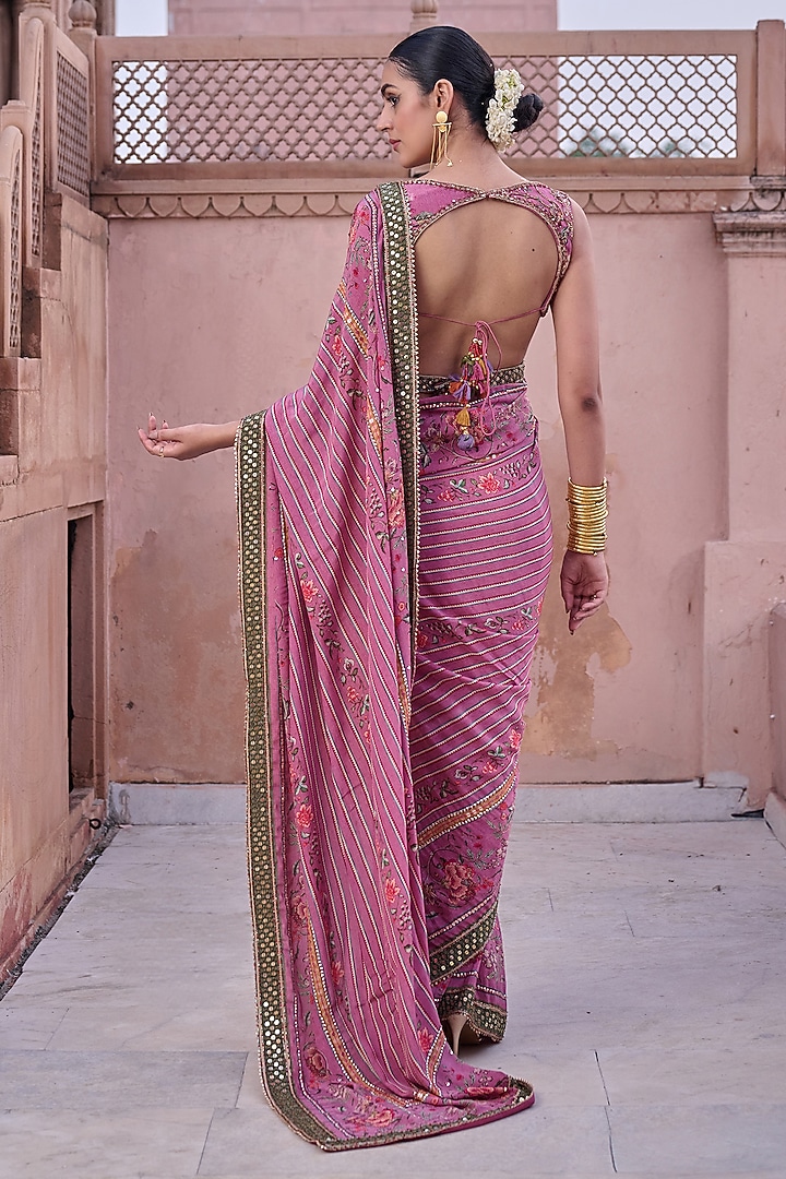 Dusty Rose Crepe Hand Embroidered & Floral Printed Wedding Saree Set by Irrau by Samir Mantri at Pernia's Pop Up Shop