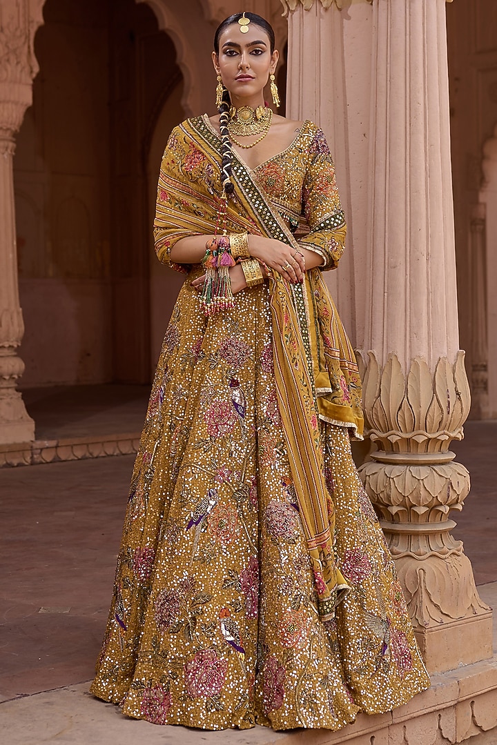 Mustard Organza Hand Embroidered Bridal Lehenga Set by Irrau by Samir Mantri at Pernia's Pop Up Shop