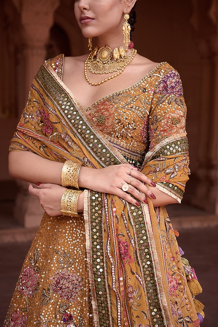 Mustard Organza Hand Embroidered Bridal Lehenga Set by Irrau by Samir Mantri at Pernia's Pop Up Shop