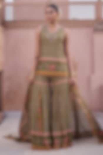 Green Dupion Floral Printed Pleated Gharara Set by Irrau by Samir Mantri at Pernia's Pop Up Shop