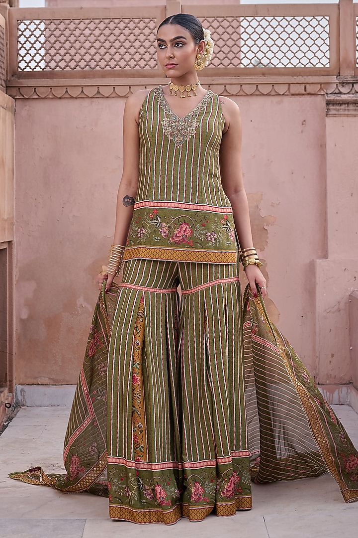 Green Dupion Floral Printed Pleated Gharara Set by Irrau by Samir Mantri at Pernia's Pop Up Shop