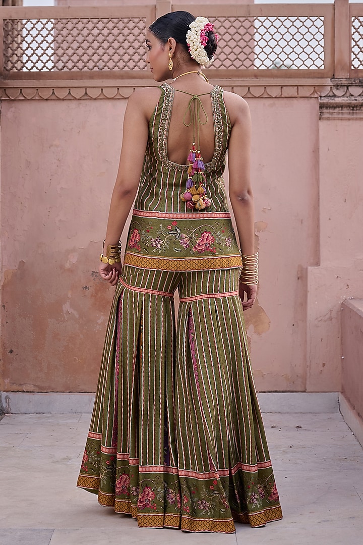 Green Dupion Floral Printed Pleated Gharara Set by Irrau by Samir Mantri at Pernia's Pop Up Shop