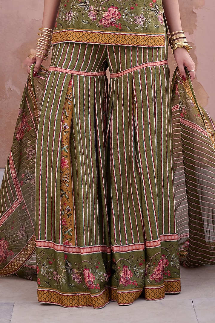 Green Dupion Floral Printed Pleated Gharara Set by Irrau by Samir Mantri at Pernia's Pop Up Shop