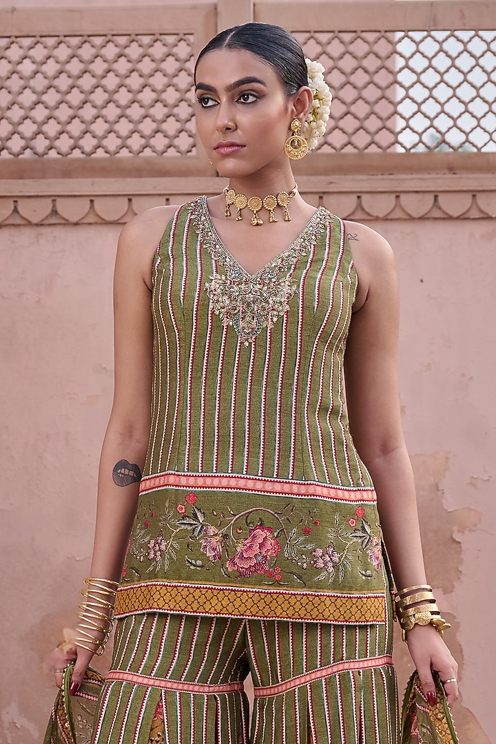 Green Dupion Floral Printed Pleated Gharara Set by Irrau by Samir Mantri at Pernia's Pop Up Shop