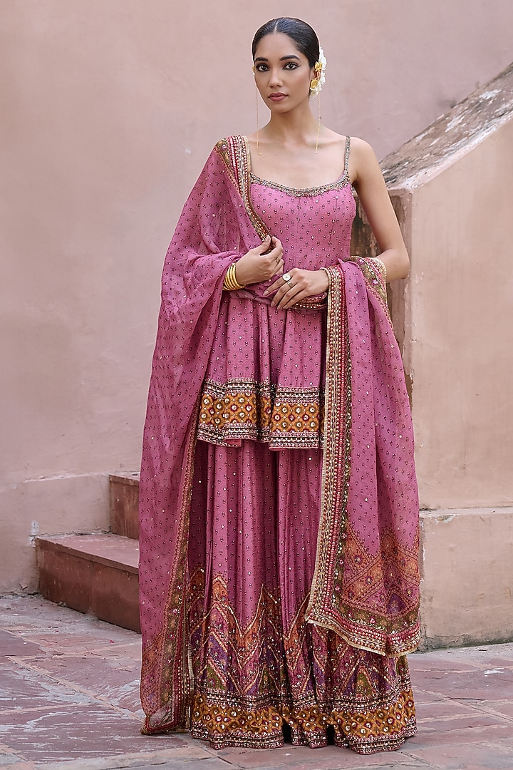 Dusty Rose Dupion Hand Embroidered Wedding Sharara Set by Irrau by Samir Mantri at Pernia's Pop Up Shop