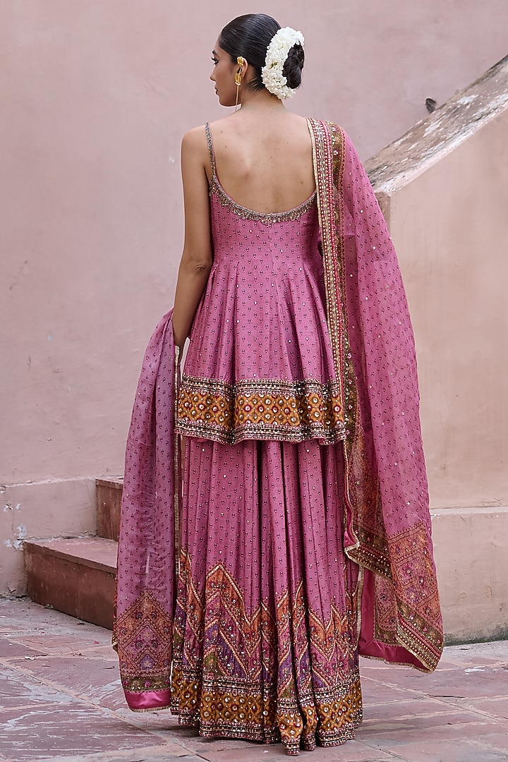 Dusty Rose Dupion Hand Embroidered Bridal Sharara Set by Irrau by Samir Mantri at Pernia's Pop Up Shop
