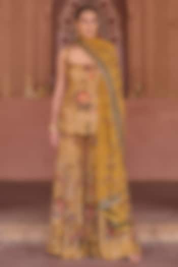 Mustard Organza Floral Hand Embroidered Gharara Set by Irrau by Samir Mantri at Pernia's Pop Up Shop