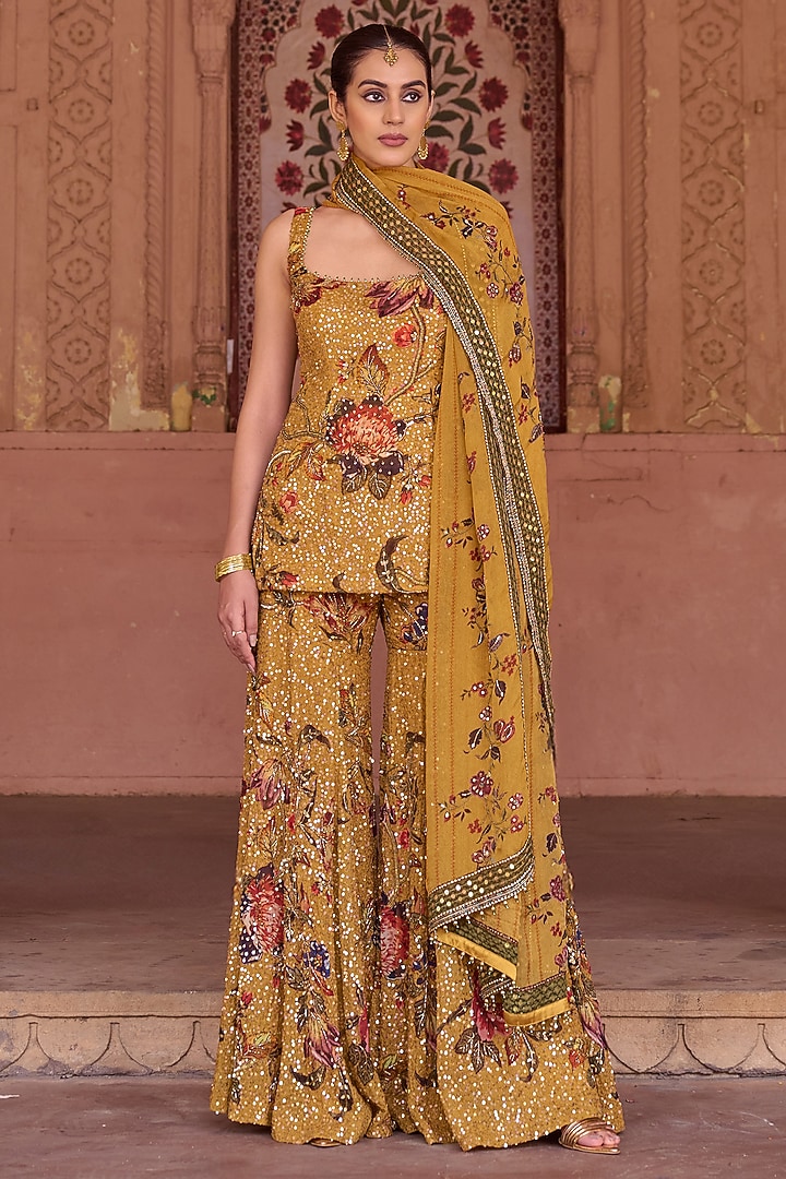 Mustard Organza Floral Hand Embroidered Gharara Set by Irrau by Samir Mantri at Pernia's Pop Up Shop