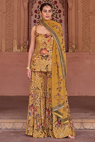 Mustard Organza Floral Hand Embroidered Gharara Set by Irrau by Samir Mantri