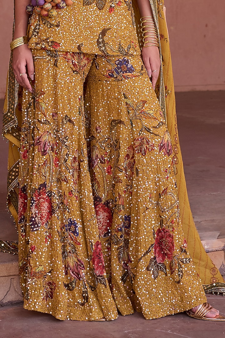 Mustard Organza Floral Hand Embroidered Gharara Set by Irrau by Samir Mantri at Pernia's Pop Up Shop