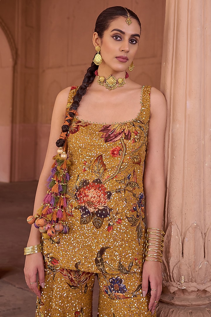 Mustard Organza Floral Hand Embroidered Gharara Set by Irrau by Samir Mantri at Pernia's Pop Up Shop