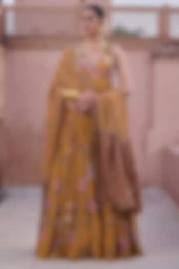 Mustard Crepe Floral Hand Embroidered Wedding Anarkali With Dupatta by Irrau by Samir Mantri at Pernia's Pop Up Shop