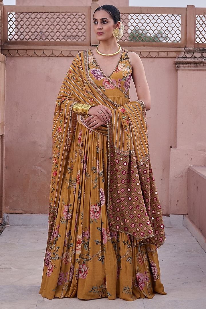 Mustard Crepe Floral Hand Embroidered Wedding Anarkali With Dupatta by Irrau by Samir Mantri at Pernia's Pop Up Shop
