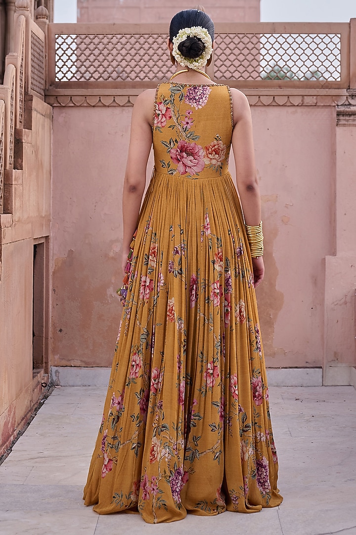 Mustard Crepe Floral Hand Embroidered Wedding Anarkali With Dupatta by Irrau by Samir Mantri at Pernia's Pop Up Shop