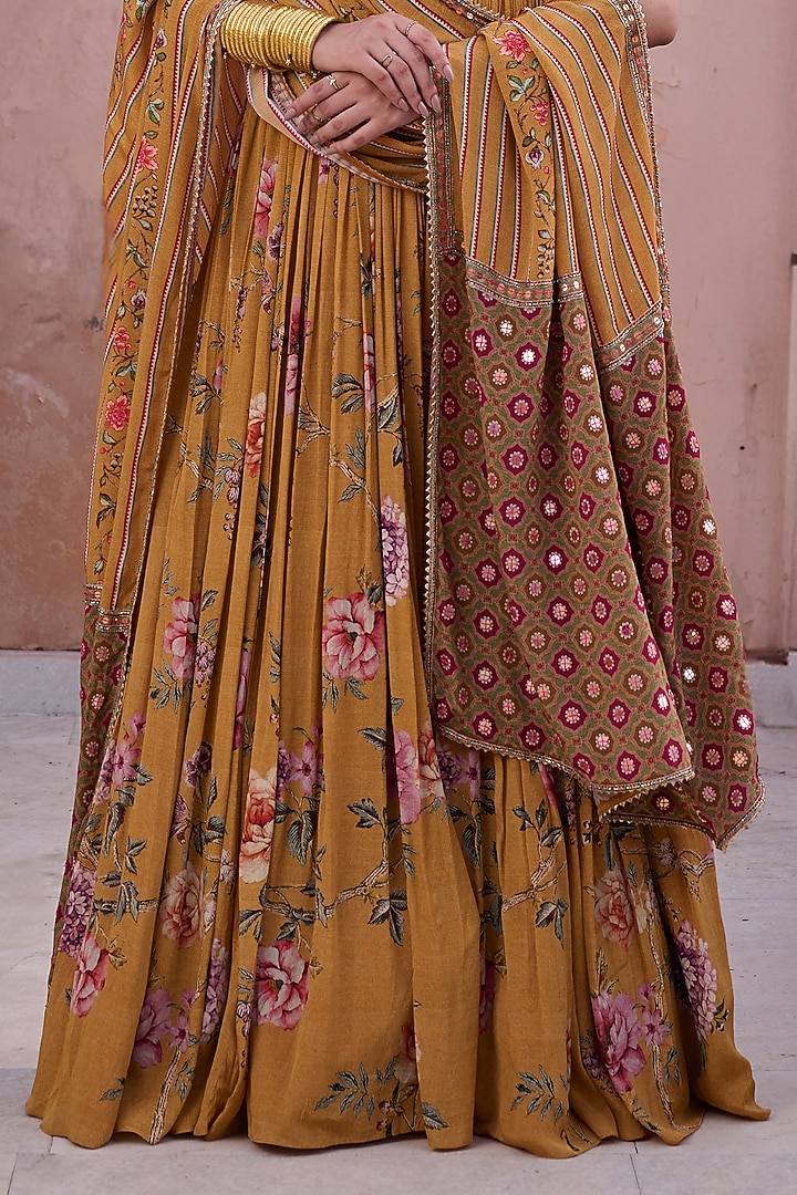 Mustard Crepe Floral Hand Embroidered Wedding Anarkali With Dupatta by Irrau by Samir Mantri at Pernia's Pop Up Shop