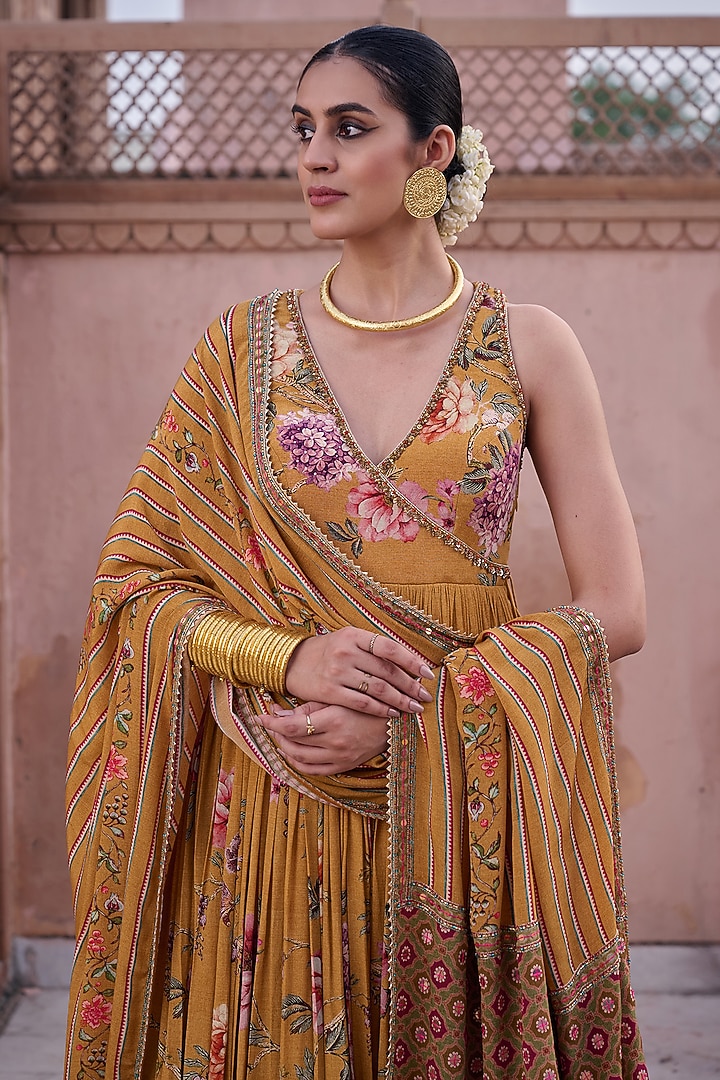 Mustard Crepe Floral Hand Embroidered Wedding Anarkali With Dupatta by Irrau by Samir Mantri at Pernia's Pop Up Shop