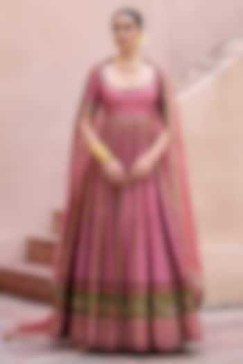 Dusty Rose Printed Kali Wedding Anarkali With Dupatta by Irrau by Samir Mantri at Pernia's Pop Up Shop