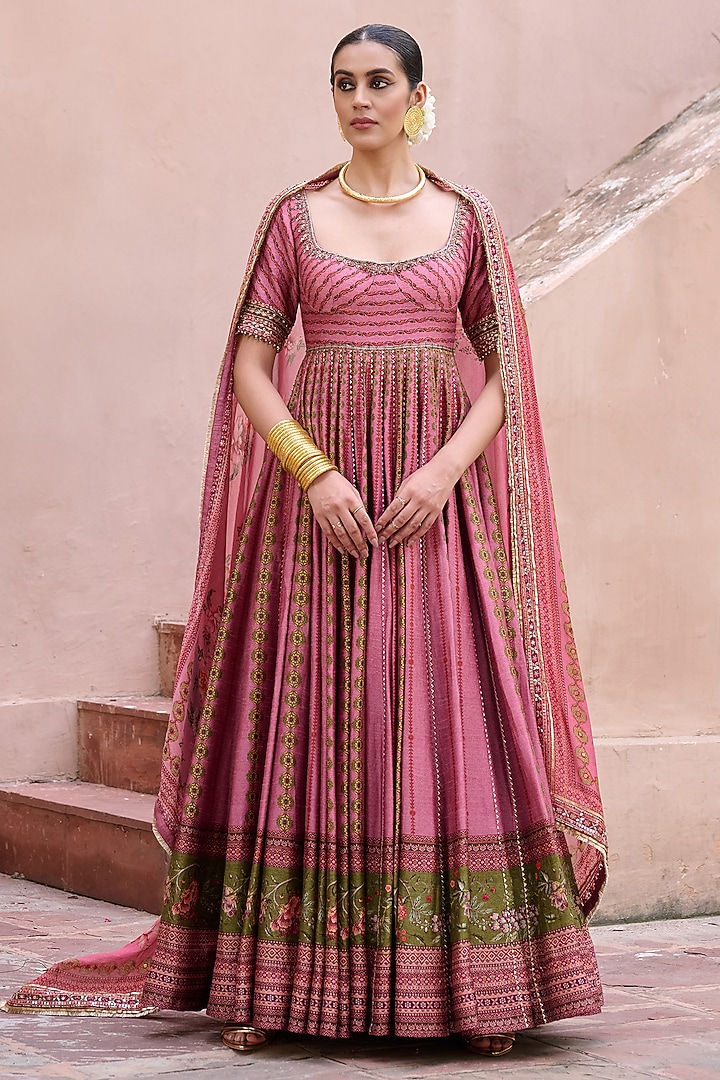 Dusty Rose Printed Kali Wedding Anarkali With Dupatta by Irrau by Samir Mantri at Pernia's Pop Up Shop