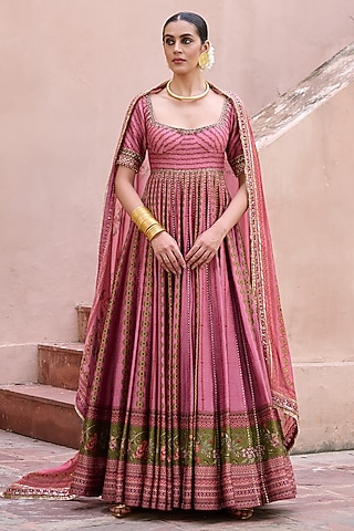 Dusty Rose Printed Kali Anarkali With Dupatta by Irrau by Samir Mantri