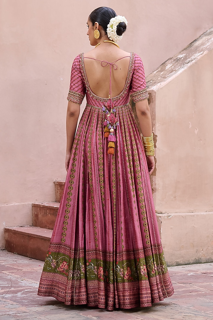 Dusty Rose Printed Kali Wedding Anarkali With Dupatta by Irrau by Samir Mantri at Pernia's Pop Up Shop