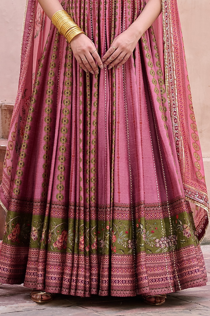 Dusty Rose Printed Kali Wedding Anarkali With Dupatta by Irrau by Samir Mantri at Pernia's Pop Up Shop