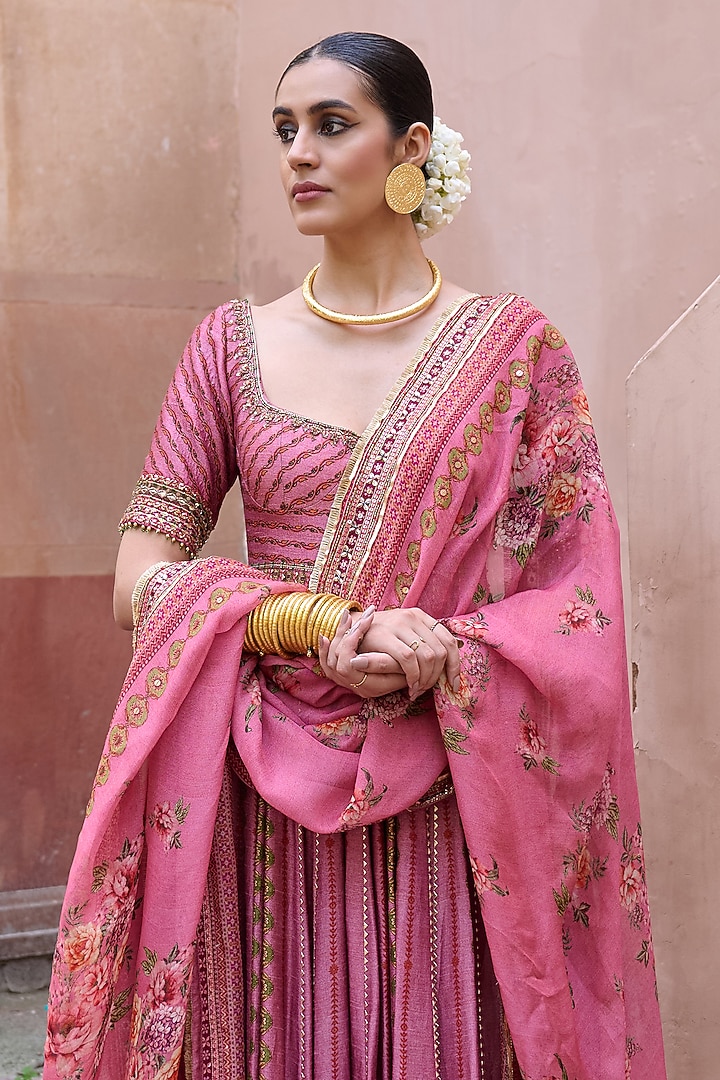 Dusty Rose Printed Kali Wedding Anarkali With Dupatta by Irrau by Samir Mantri at Pernia's Pop Up Shop