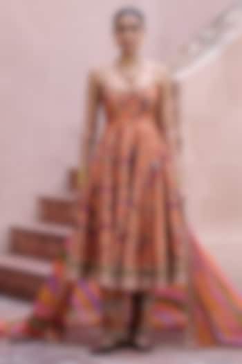 Peach Dupion Embroidered Wedding Anarkali Set by Irrau by Samir Mantri at Pernia's Pop Up Shop