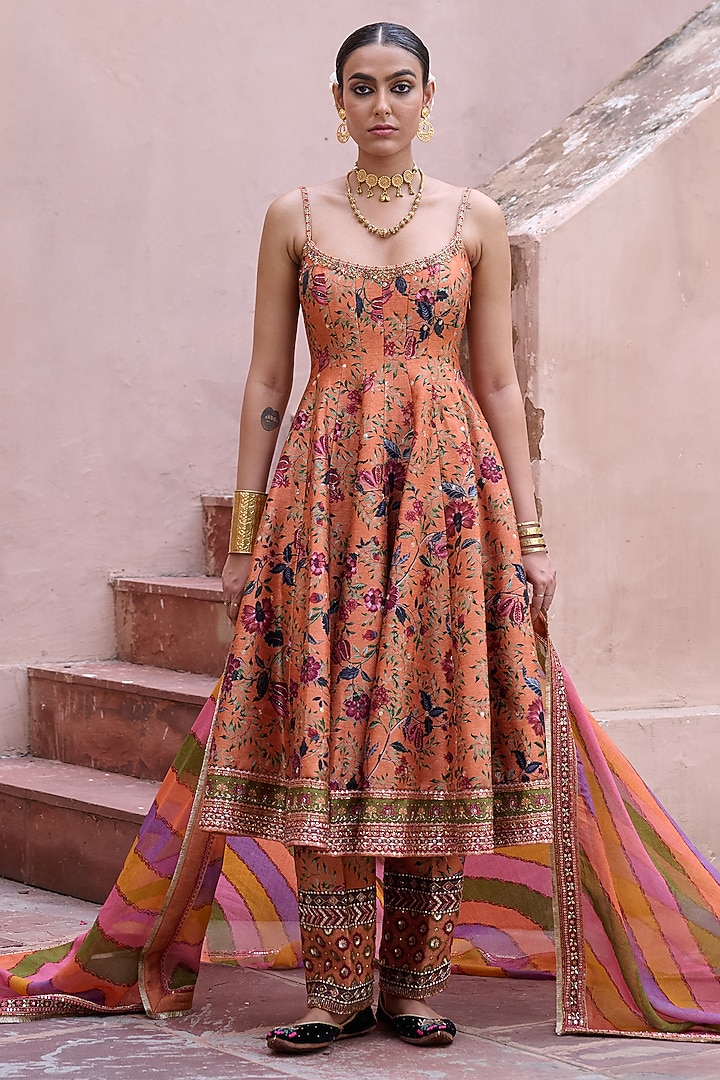 Peach Dupion Embroidered Wedding Anarkali Set by Irrau by Samir Mantri at Pernia's Pop Up Shop