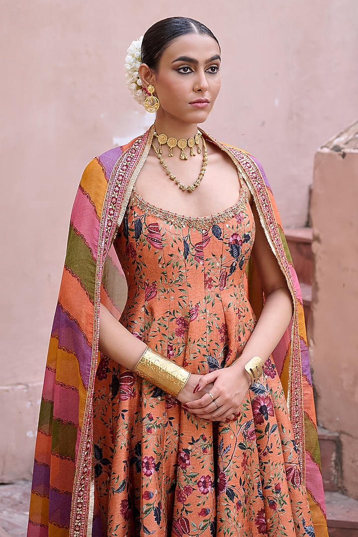 Peach Dupion Embroidered Wedding Anarkali Set by Irrau by Samir Mantri at Pernia's Pop Up Shop