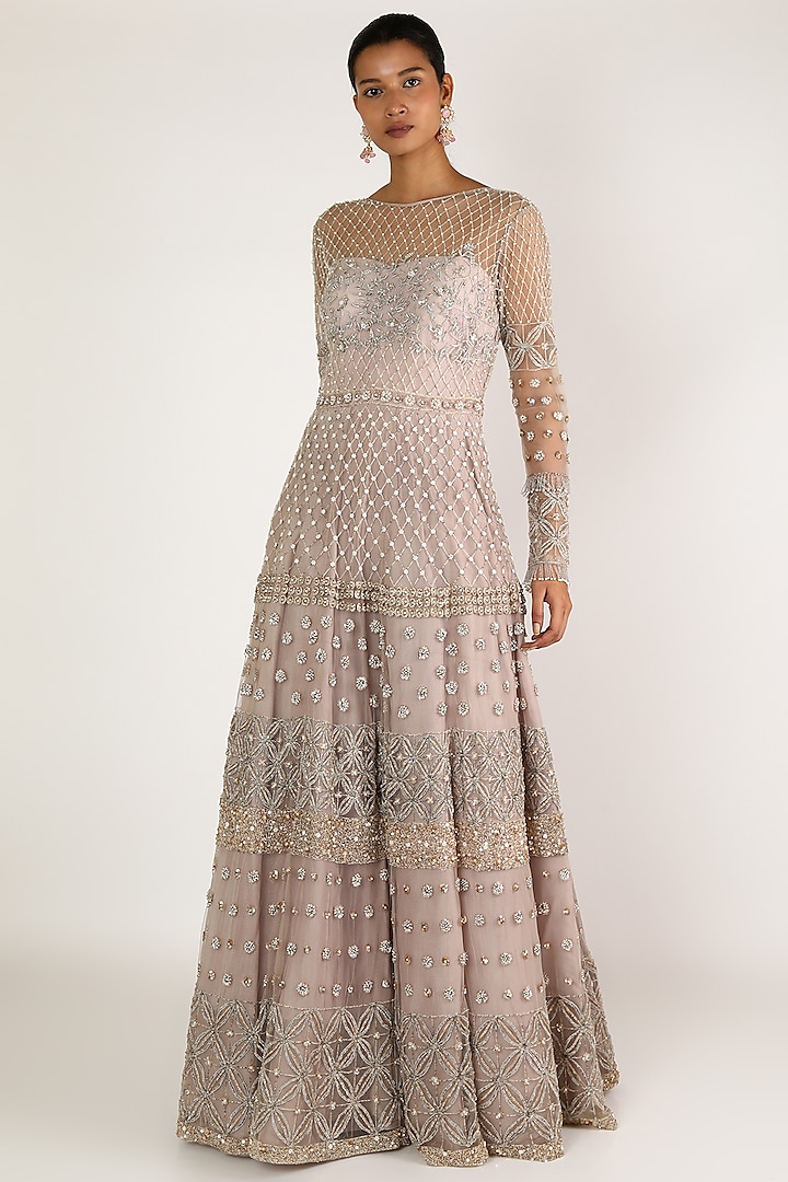 Light Taupe Embroidered Gown by Irrau by Samir Mantri
