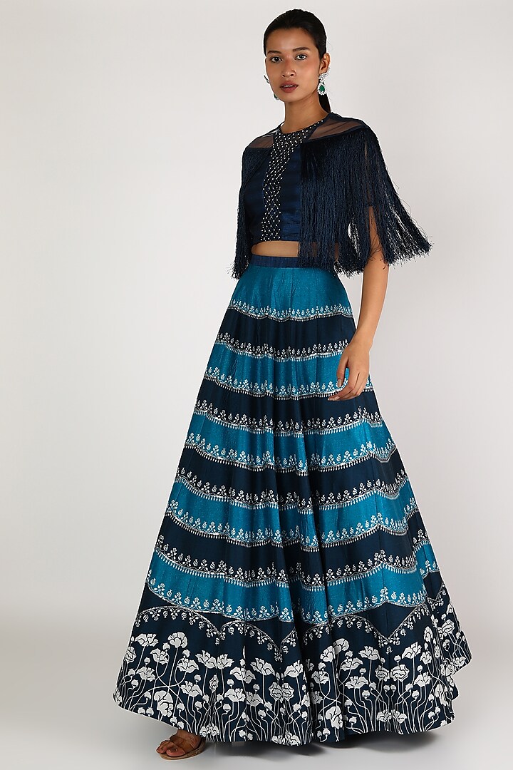 Oxford Blue Embroidered Skirt Set by Irrau by Samir Mantri