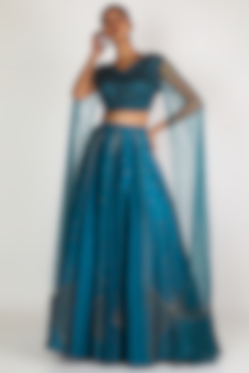 Teal Embroidered Lehenga With Blouse by Irrau by Samir Mantri