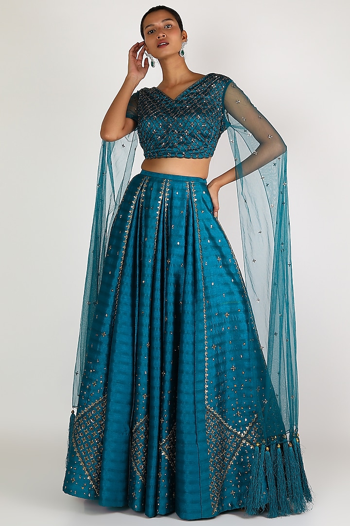 Teal Embroidered Lehenga With Blouse by Irrau by Samir Mantri