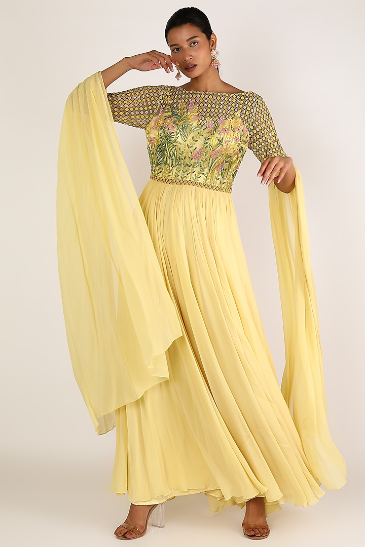 Pastel Yellow Embroidered Dress by Irrau by Samir Mantri