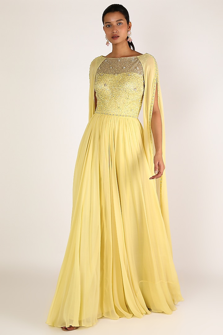 Pastel Yellow Sequins Embroidered Dress by Irrau by Samir Mantri