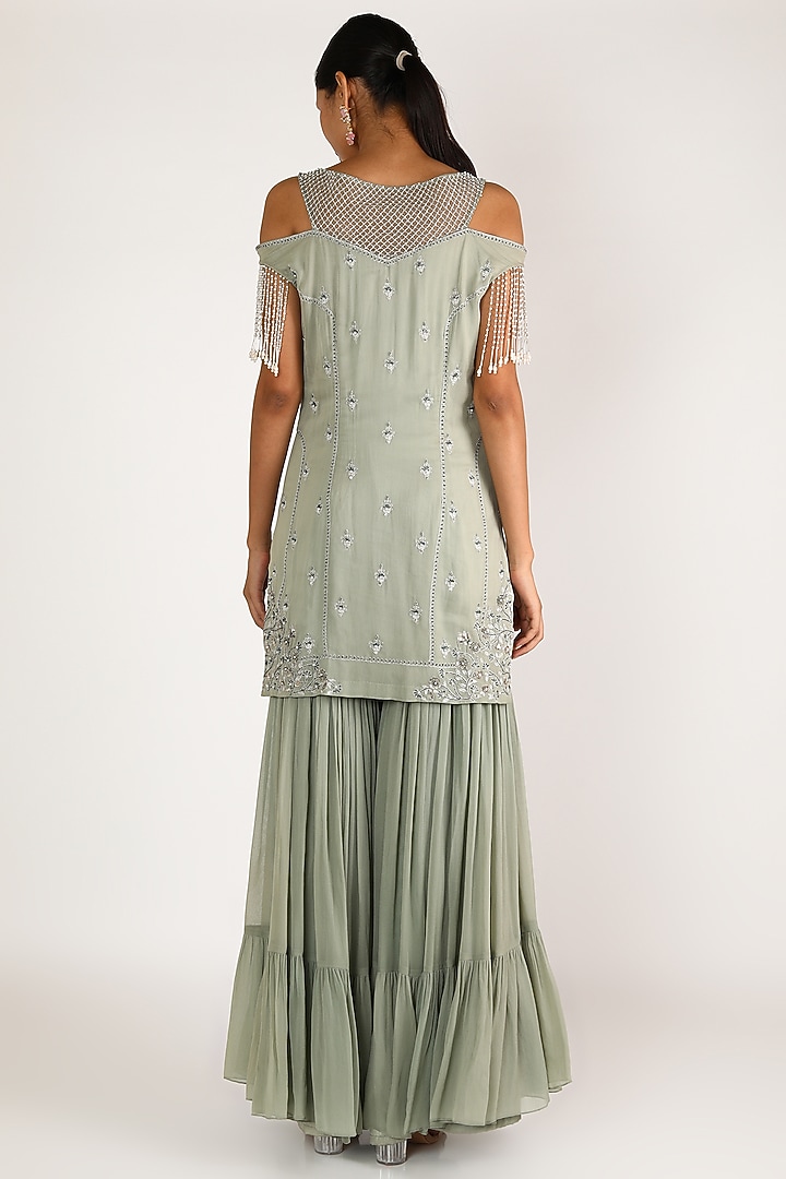 Sage Green Embroidered Gharara Set by Irrau by Samir Mantri at Pernia's Pop Up Shop
