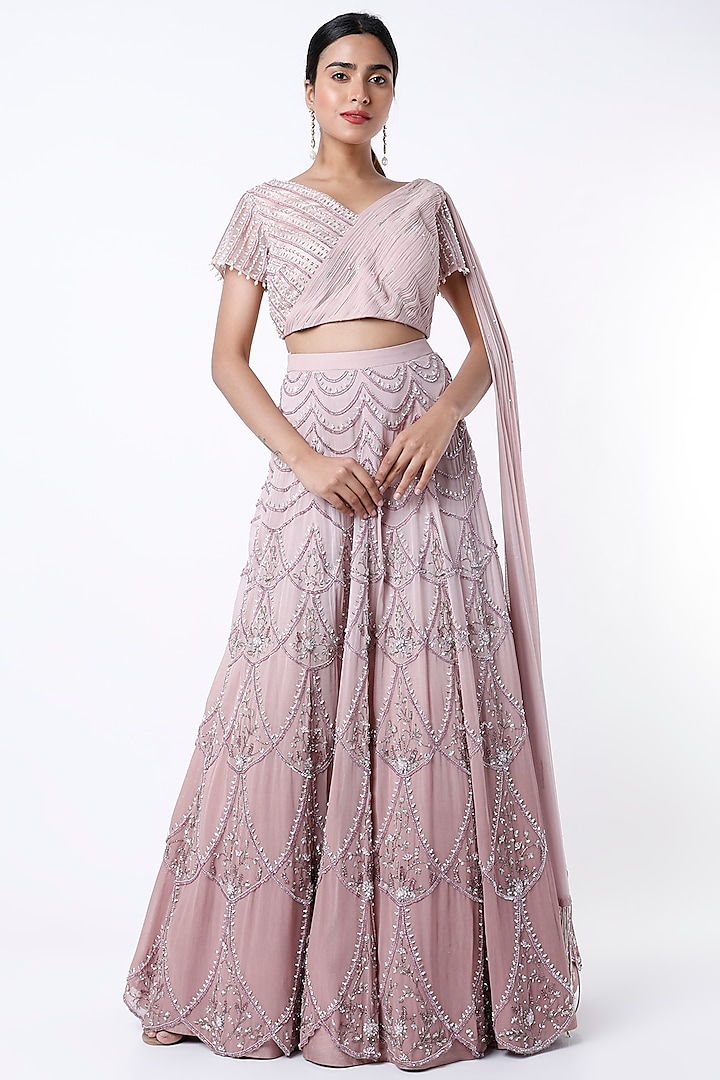 Dusty Rose Ombre Embroidered Lehenga Set by Irrau by Samir Mantri