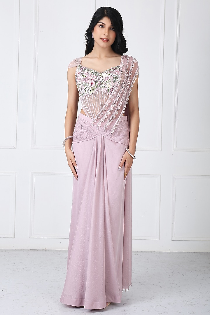 Dusty Pink Georgette & Net Draped Wedding Saree Set by Isha Regalia at Pernia's Pop Up Shop