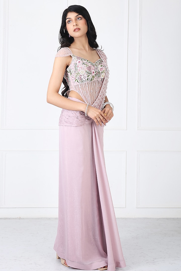 Dusty Pink Georgette & Net Draped Wedding Saree Set by Isha Regalia at Pernia's Pop Up Shop