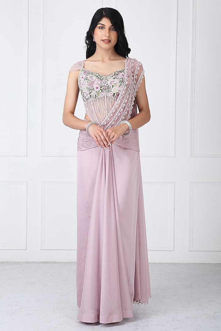 Dusty Pink Georgette & Net Draped Wedding Saree Set by Isha Regalia at Pernia's Pop Up Shop